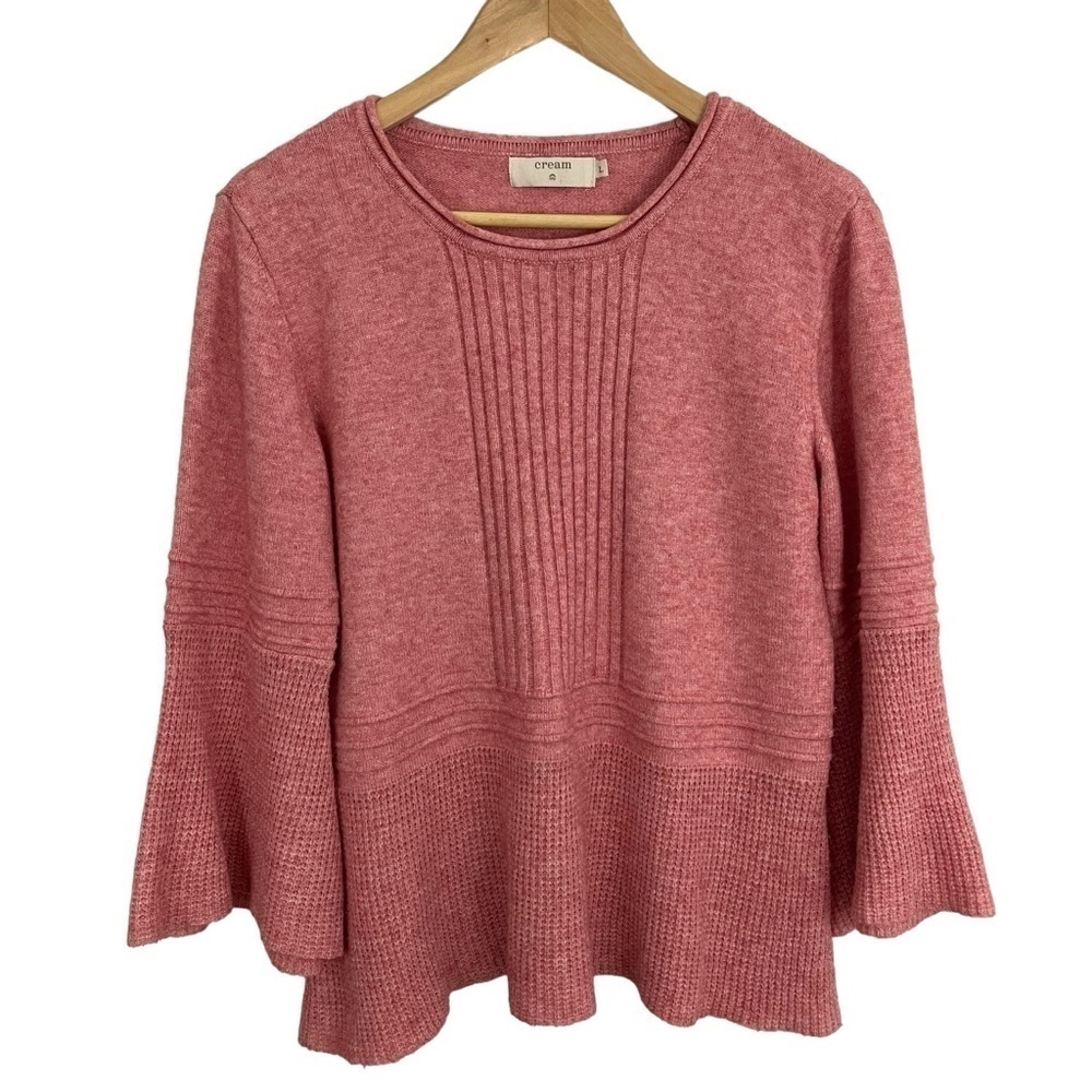 Cream Bell Sleeve Sweater Womens L Pink Knit Ruffle Super Soft Casual Feminine